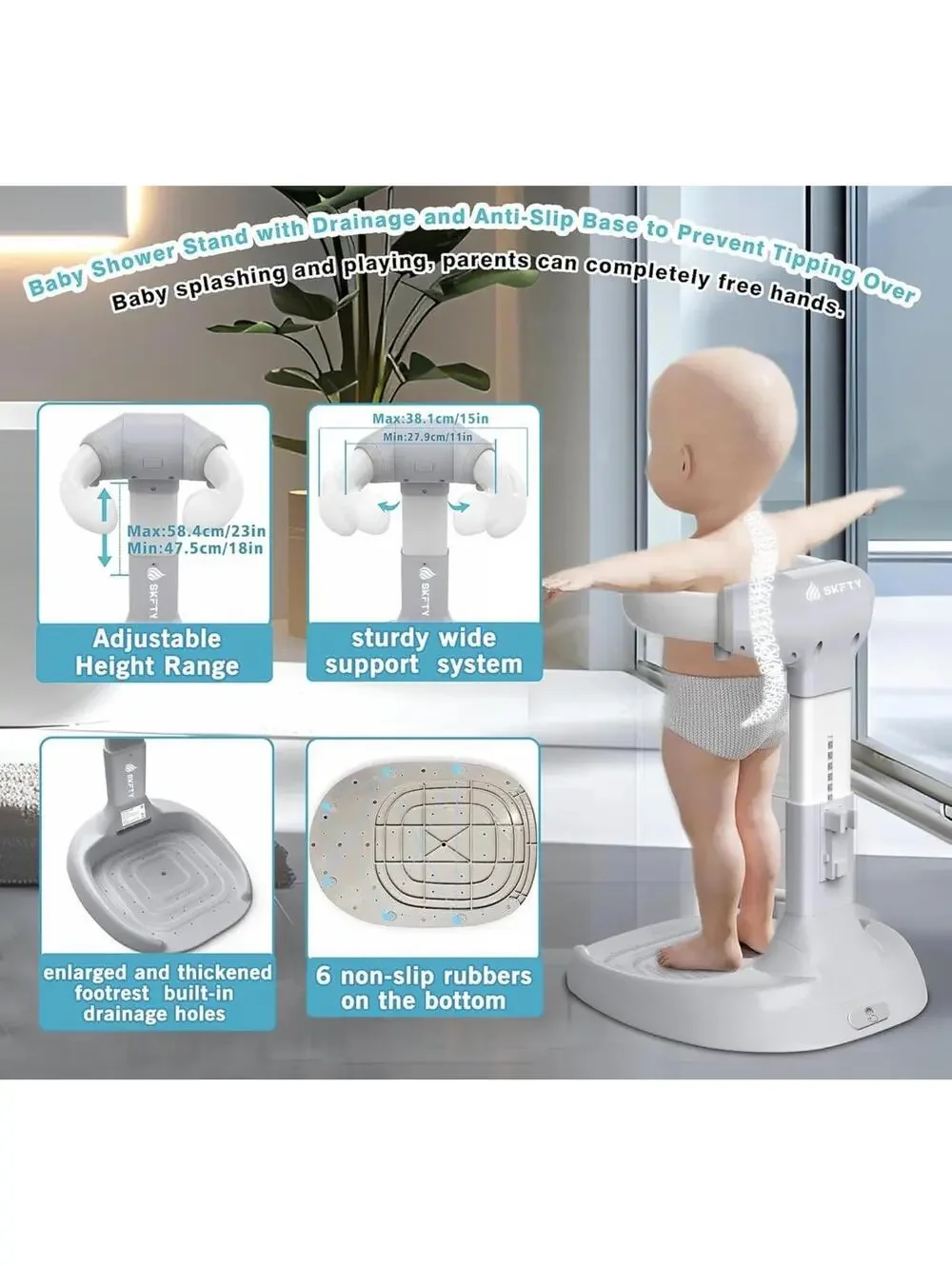 Adjustable Baby Shower Stand Support with Anti-Slip Base and Drainage